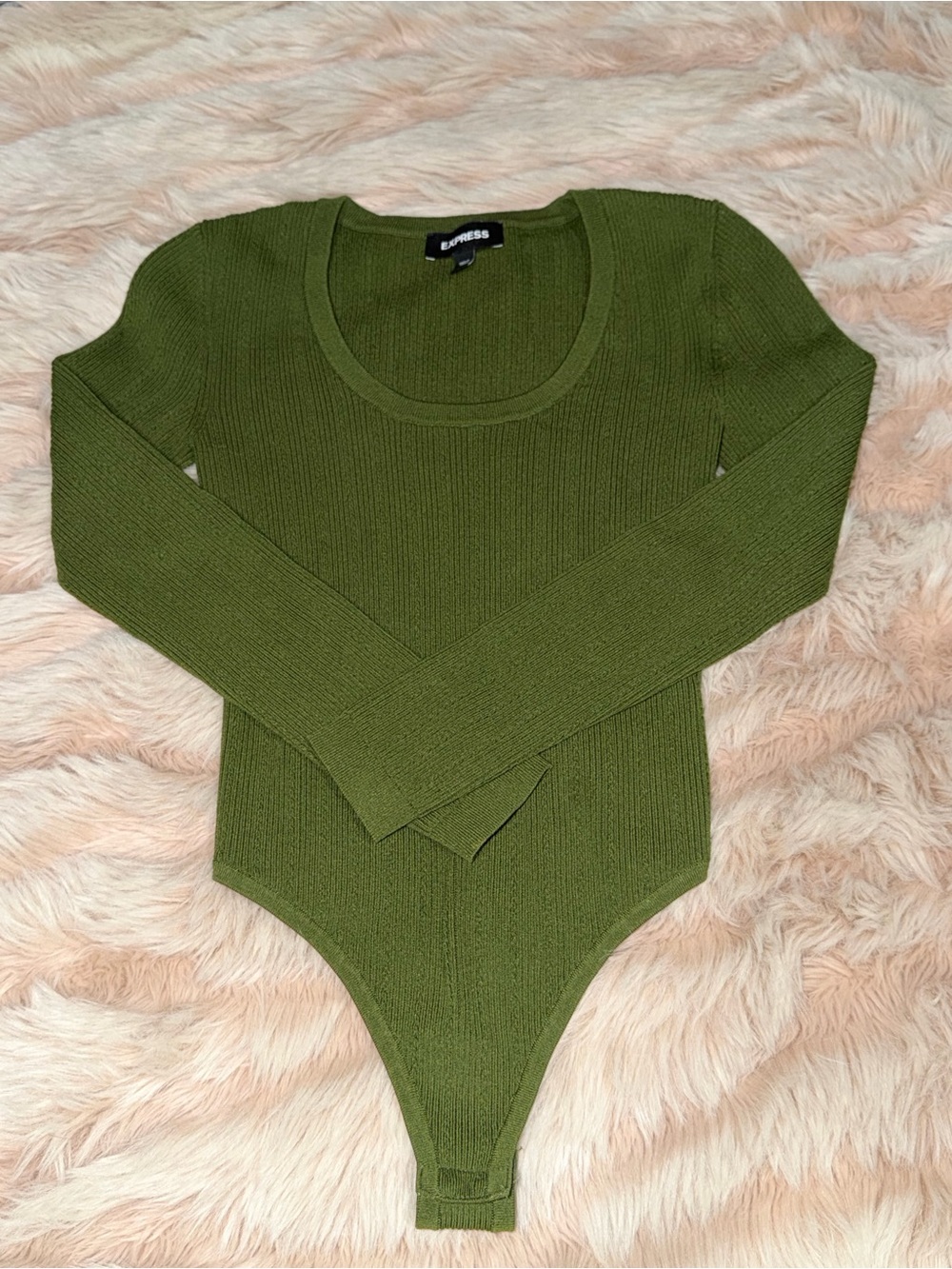 Express Olive Ribbed Long-Sleeve Scoop Neck Bodysuit